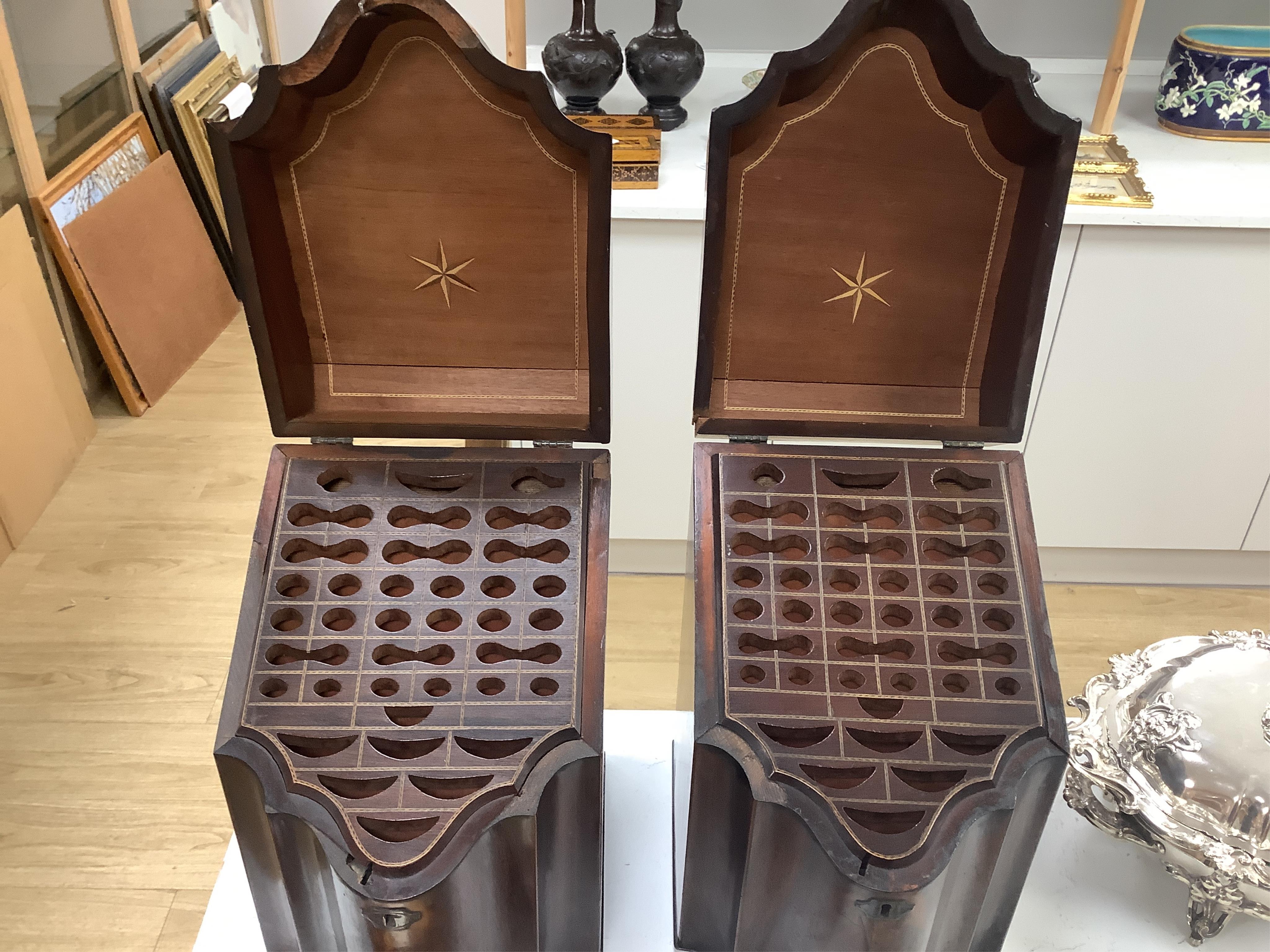 A pair of George III mahogany knife boxes, 37cm tall. Condition - poor to fair